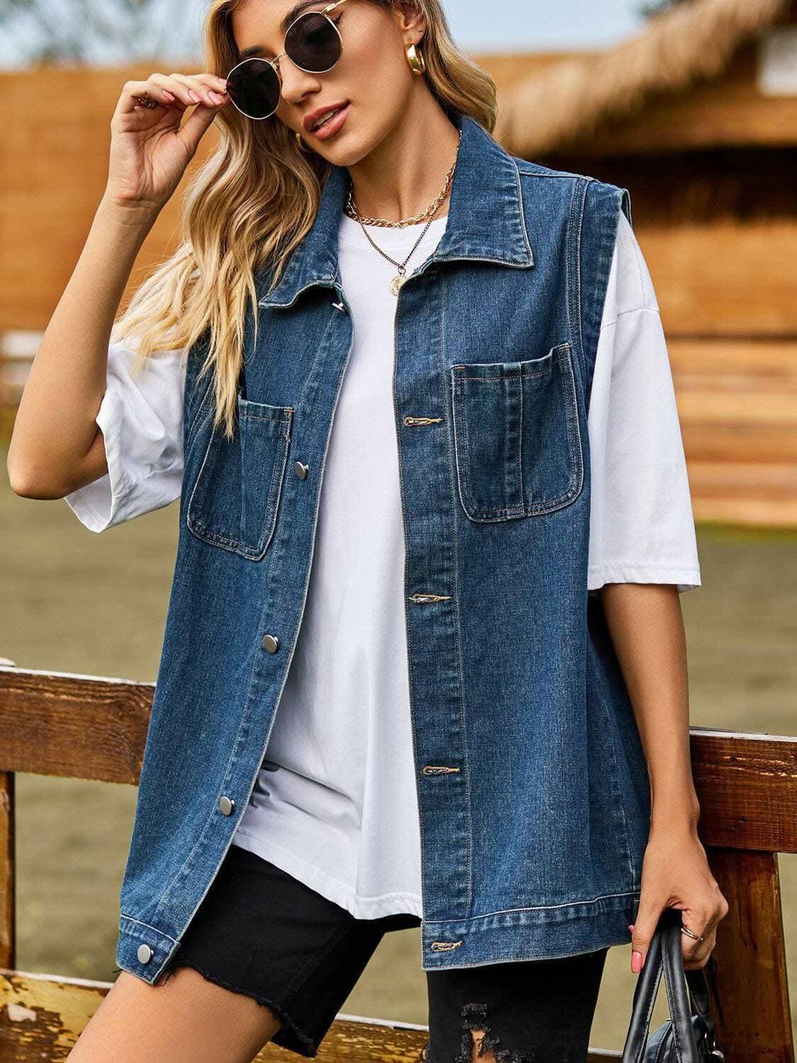 Sleeveless denim vest with collar