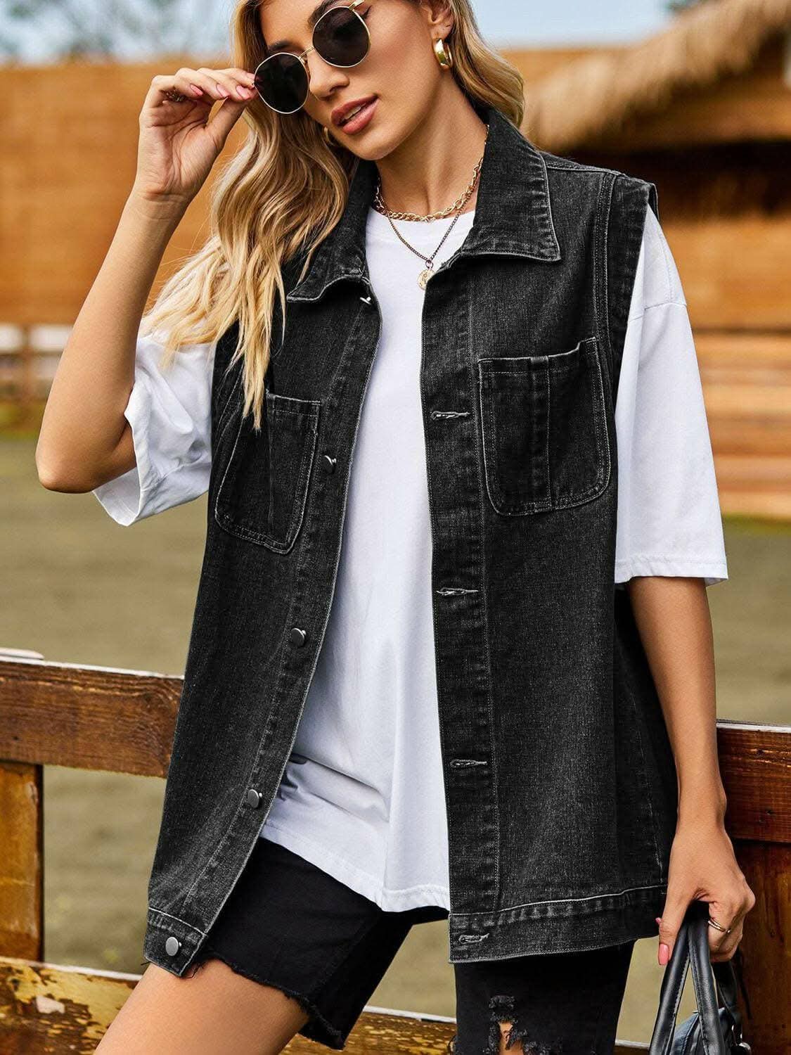 Sleeveless denim vest with collar