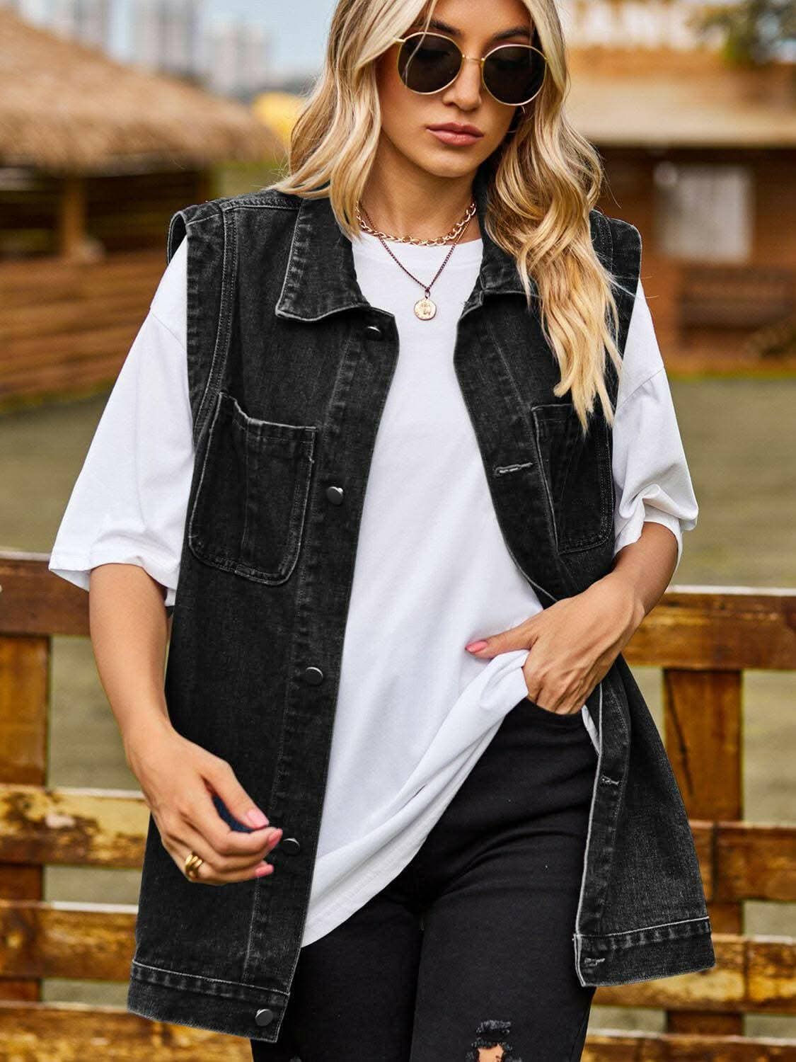 Sleeveless denim vest with collar
