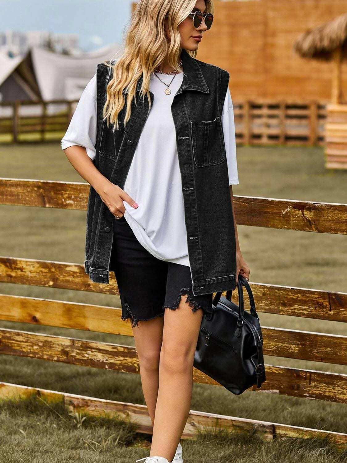 Sleeveless denim vest with collar