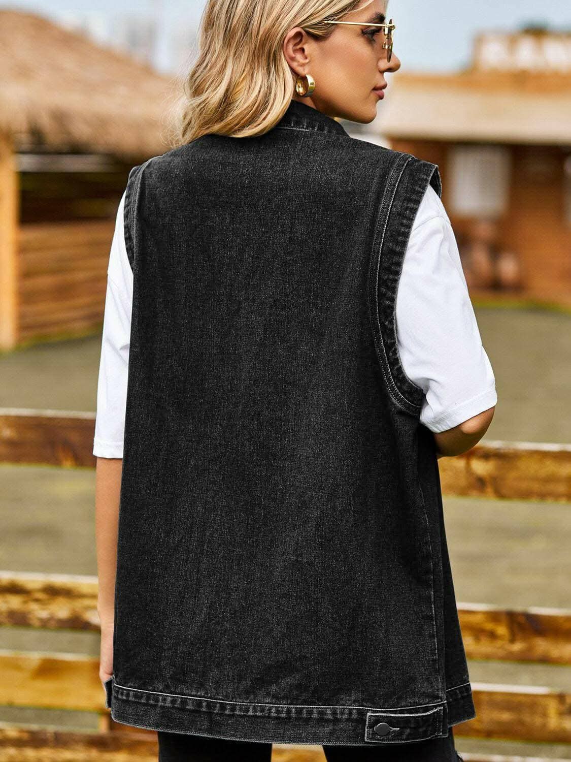 Sleeveless denim vest with collar