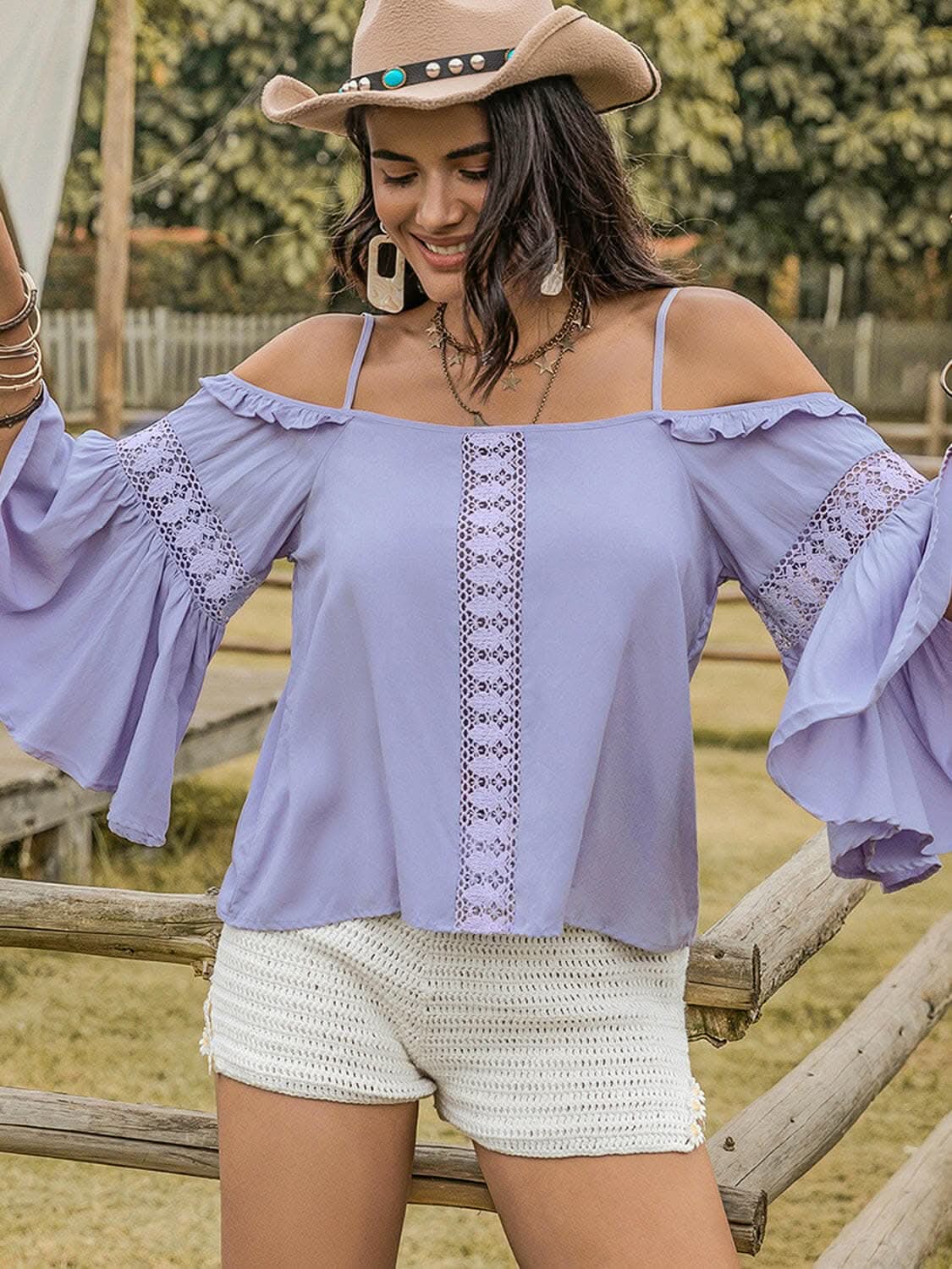 Square neck flare sleeve blouse