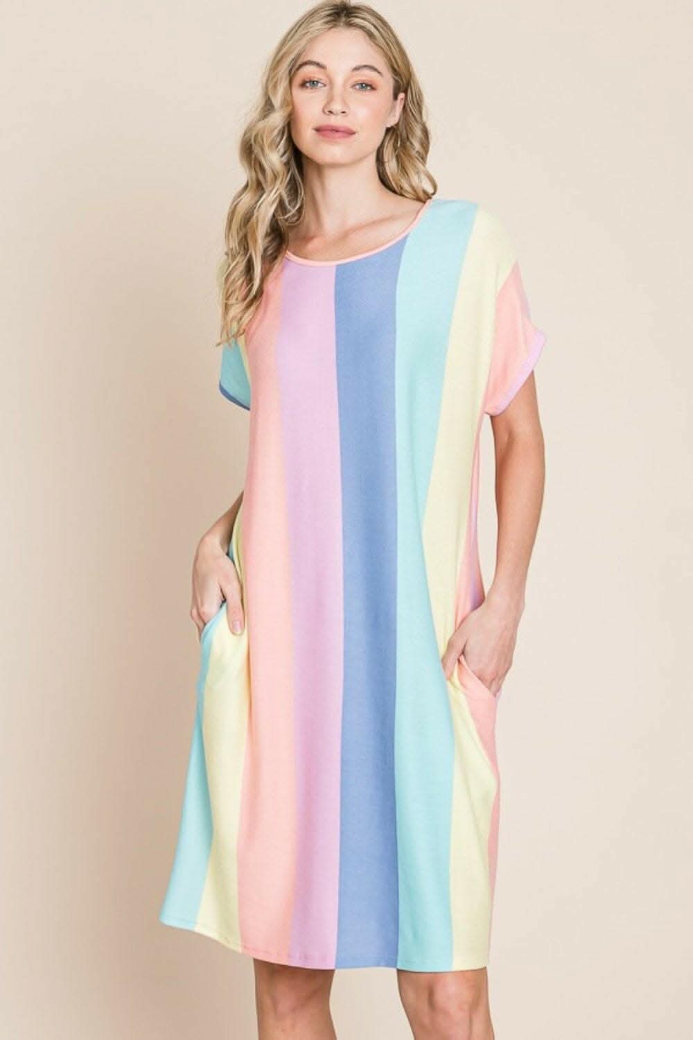 Striped Short Sleeve Dress with Pockets - Classic Elegance - Love Salve