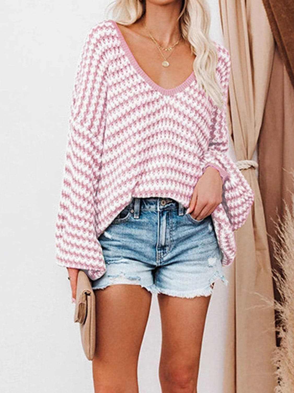 Striped V-Neck Drop Shoulder Sweater - Love Salve