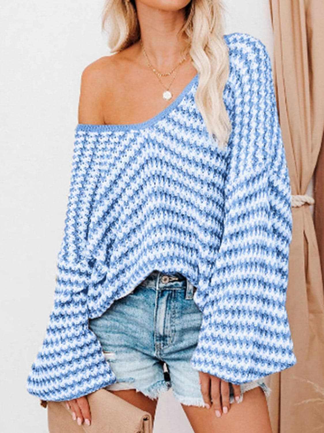 Striped V-Neck Drop Shoulder Sweater - Love Salve