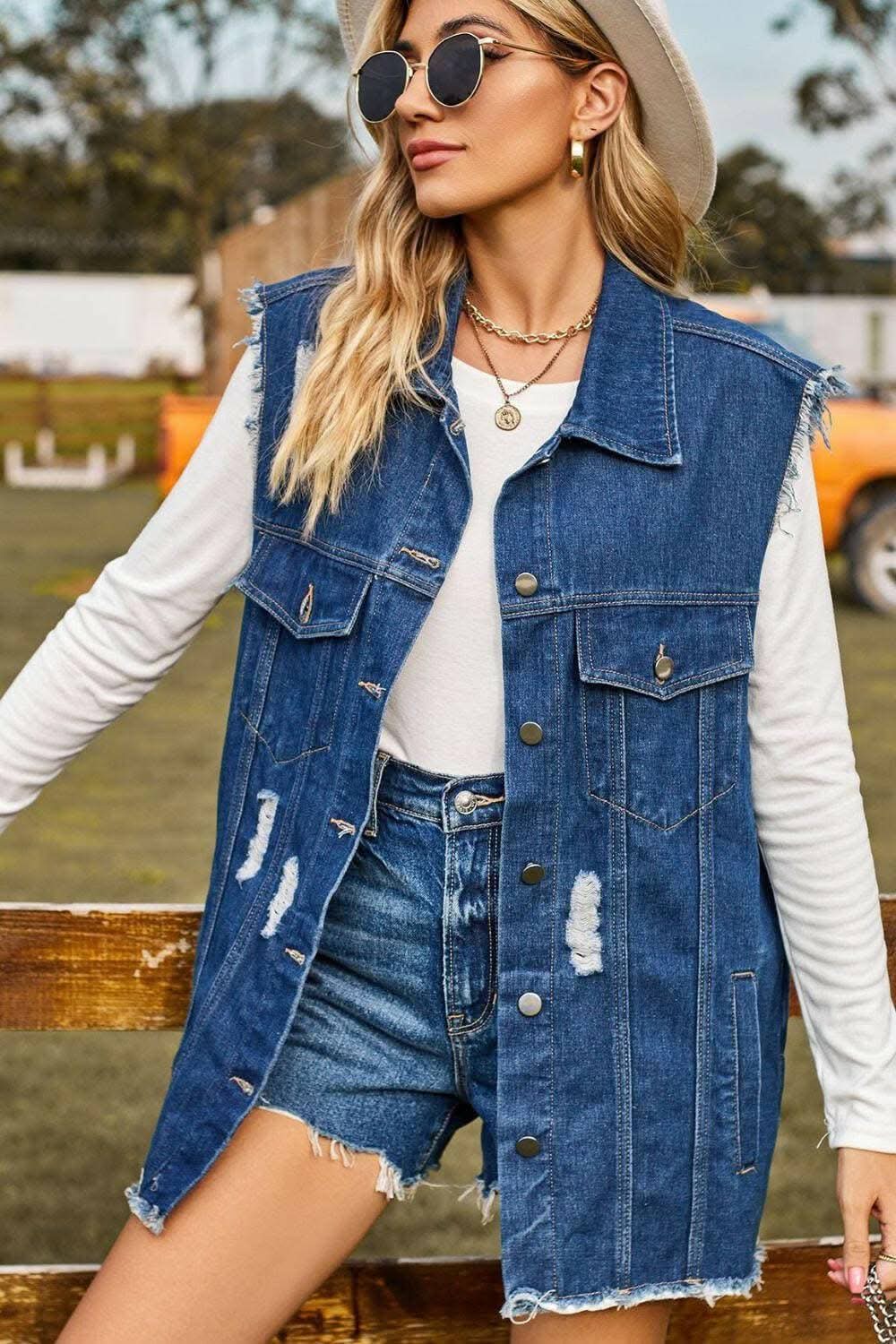 Stylish distressed denim sleeveless top - Love Salve