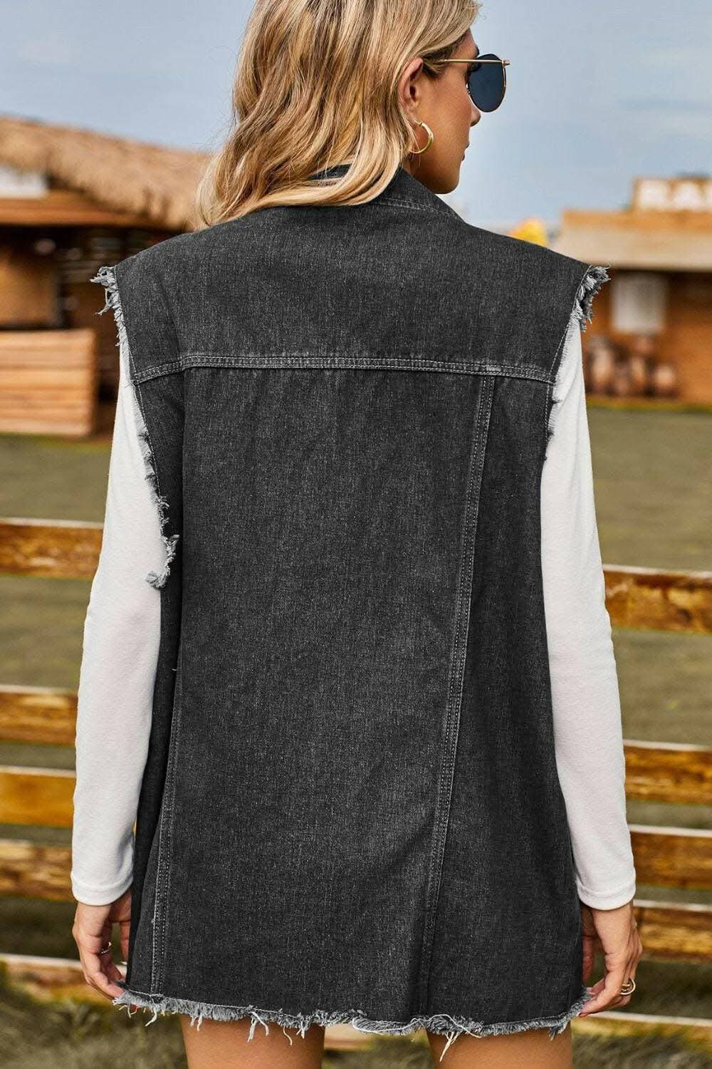 Stylish distressed denim sleeveless top - Love Salve