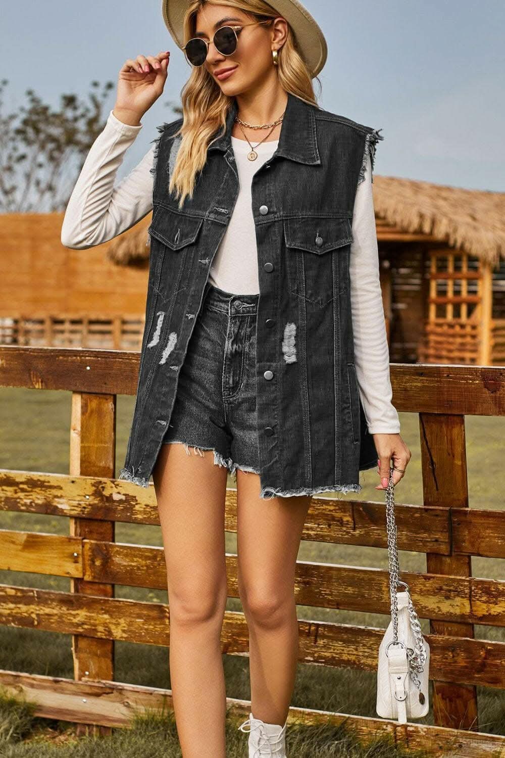 Stylish distressed denim sleeveless top - Love Salve