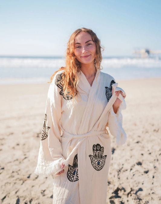 Muslin Cotton Kimono Bathrobe Hamsa Hand Print - Love Salve