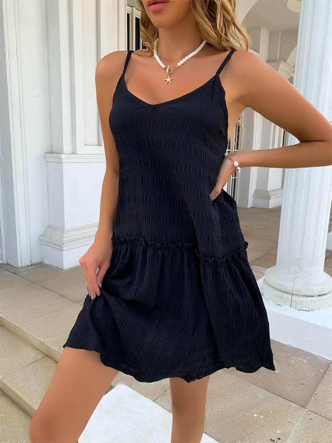 Textured V-neck ruffle hem dress - Love Salve