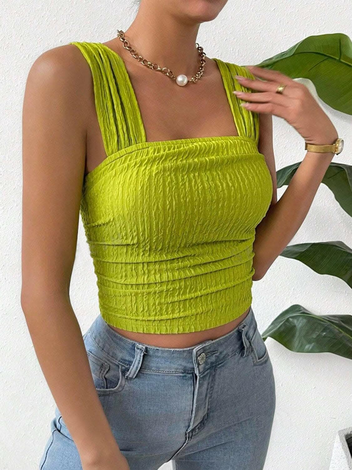 Textured square neck wide strap tank