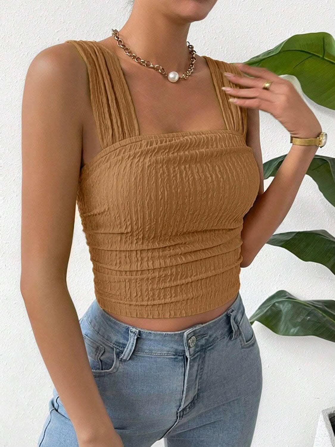 Textured square neck wide strap tank