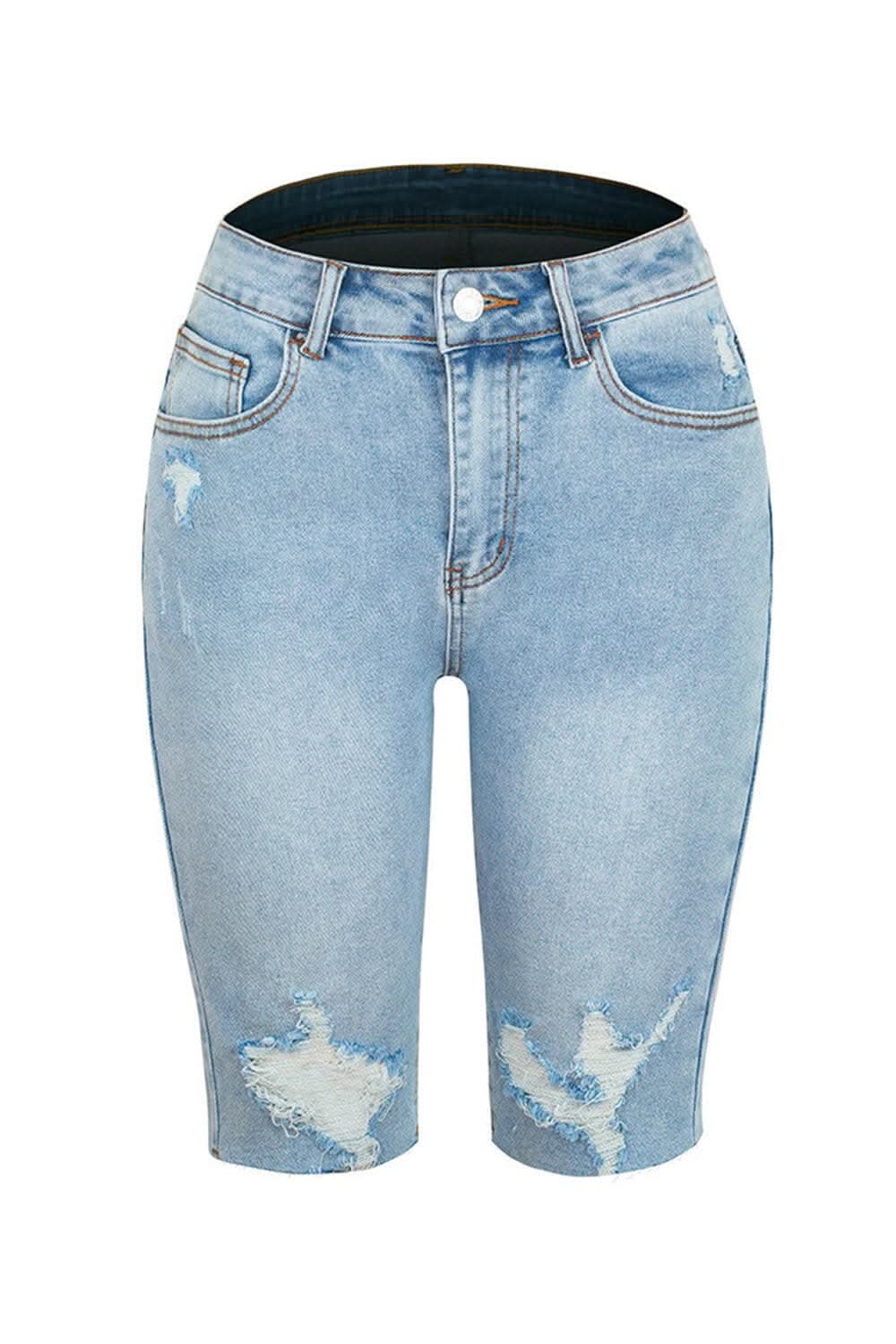 Trendy distressed denim shorts