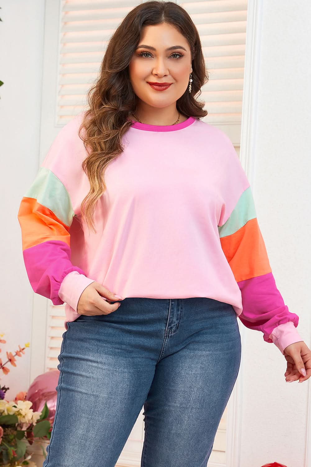 Trendy pink plus size long sleeve top - Love Salve