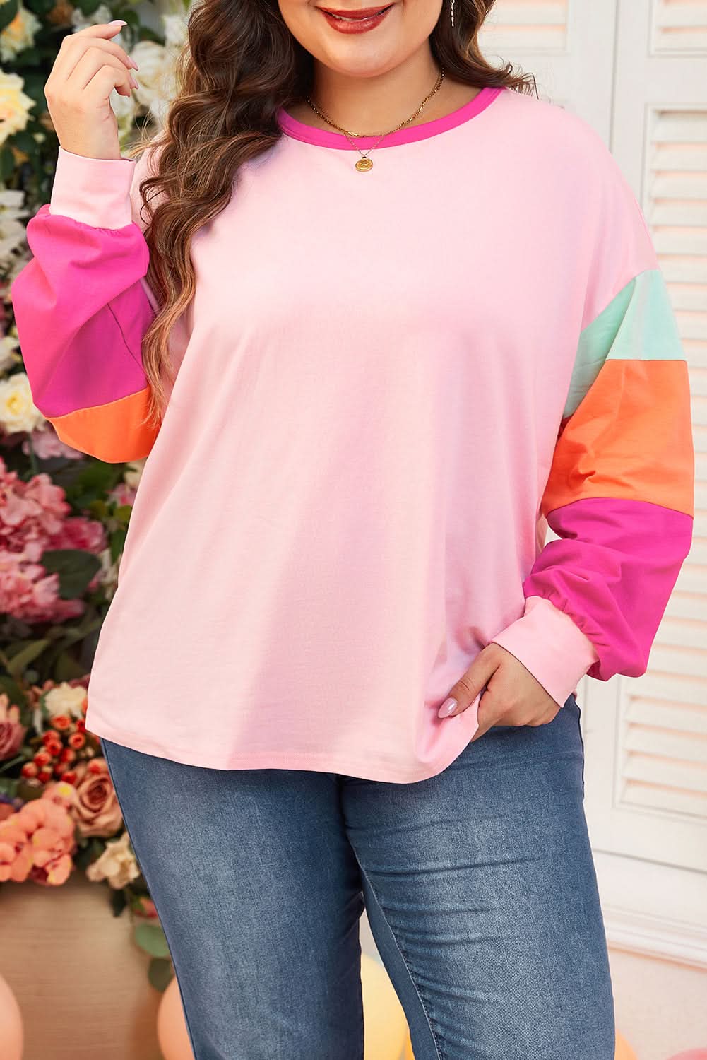 Trendy pink plus size long sleeve top - Love Salve