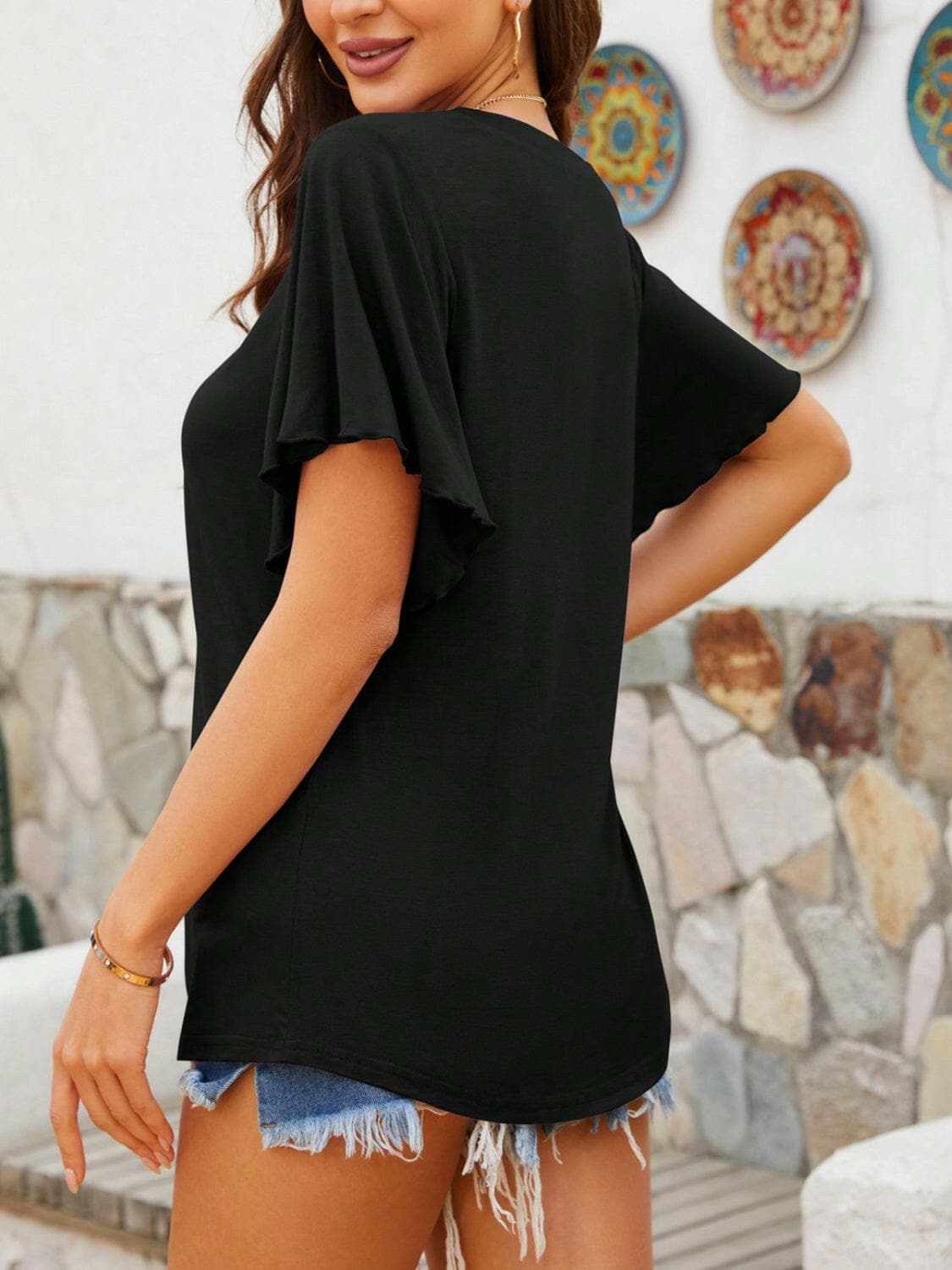 V-neck flutter sleeve t-shirt - Love Salve