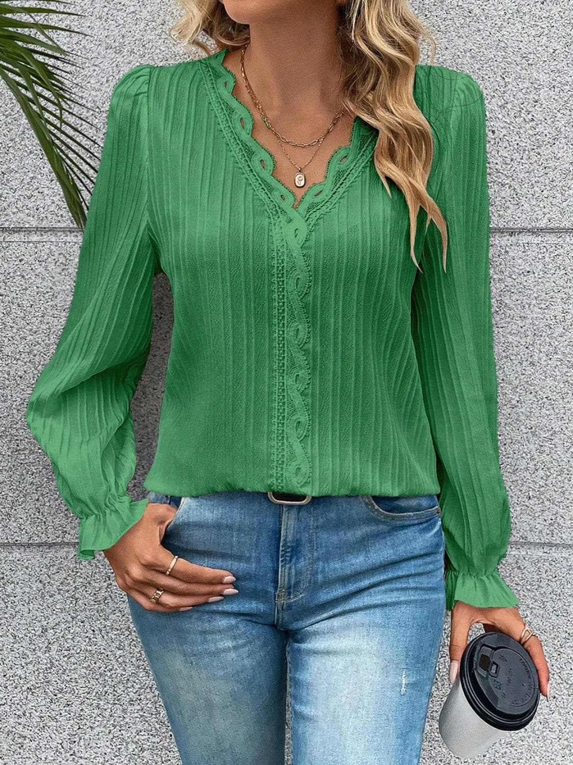V-neck lace flutter sleeve blouse - Love Salve