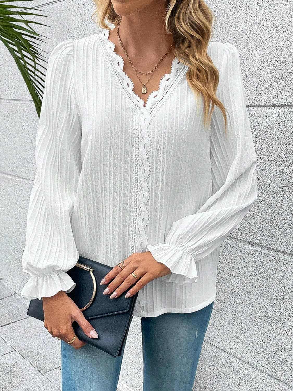 V-neck lace flutter sleeve blouse - Love Salve