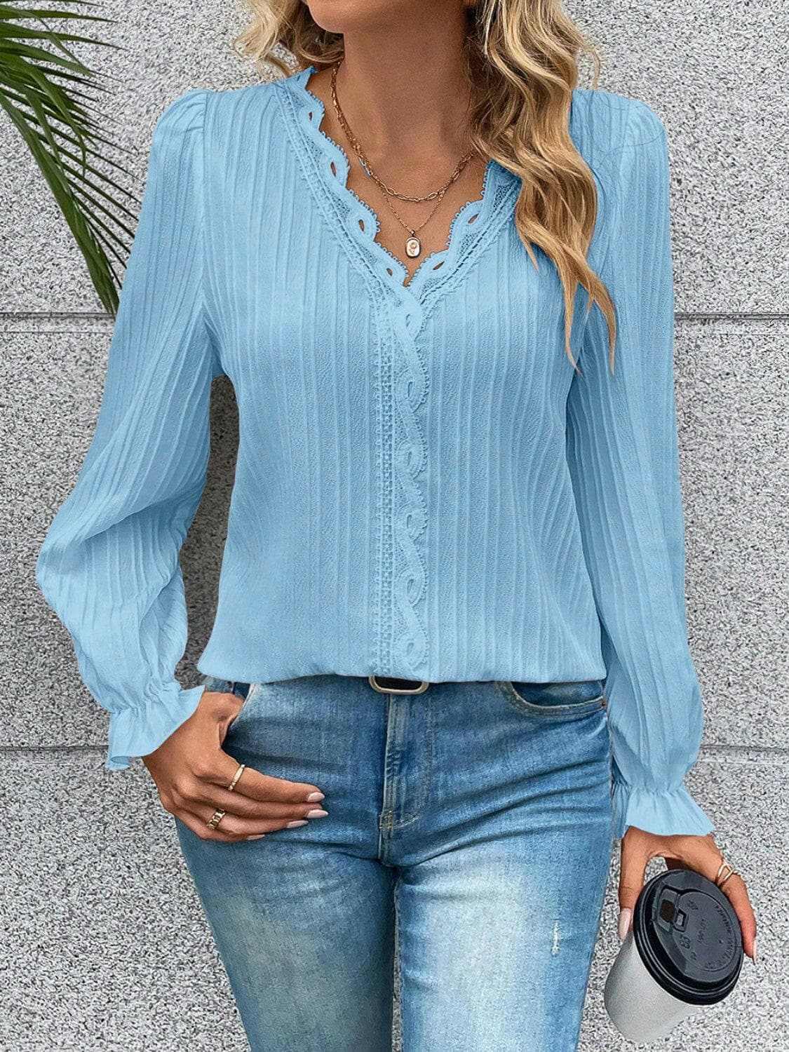 V-neck lace flutter sleeve blouse - Love Salve