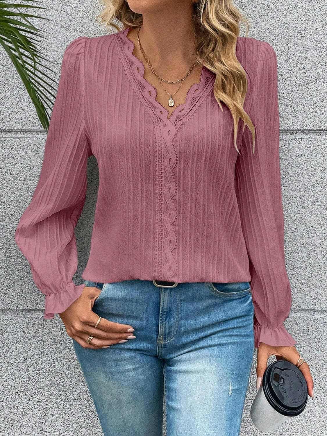V-neck lace flutter sleeve blouse - Love Salve
