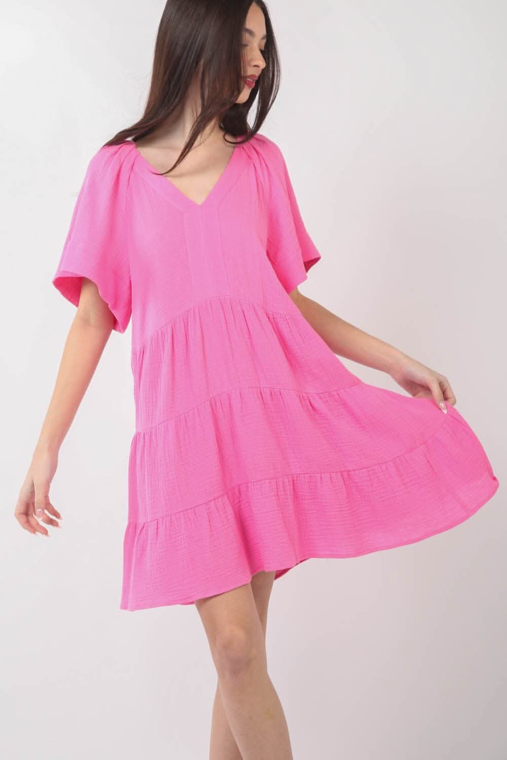 Very J Texture V-Neck Ruffled Tiered Dress for Elegance - Love Salve