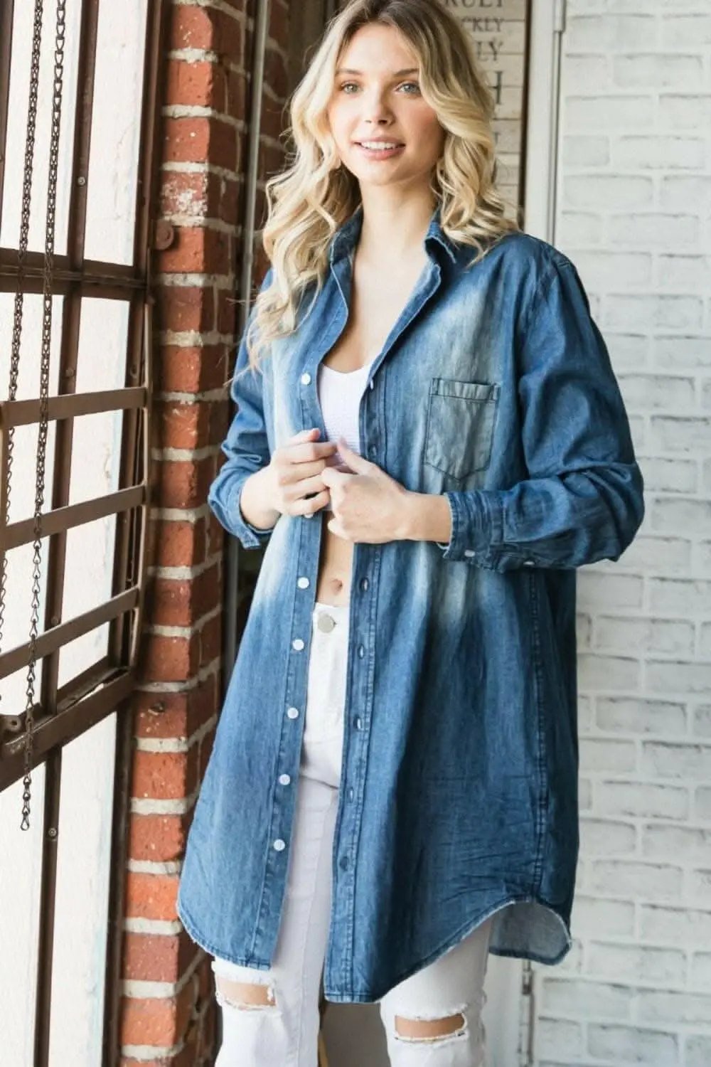 Veveret Denim Button-Up Shirt with Washed Finish - Love Salve