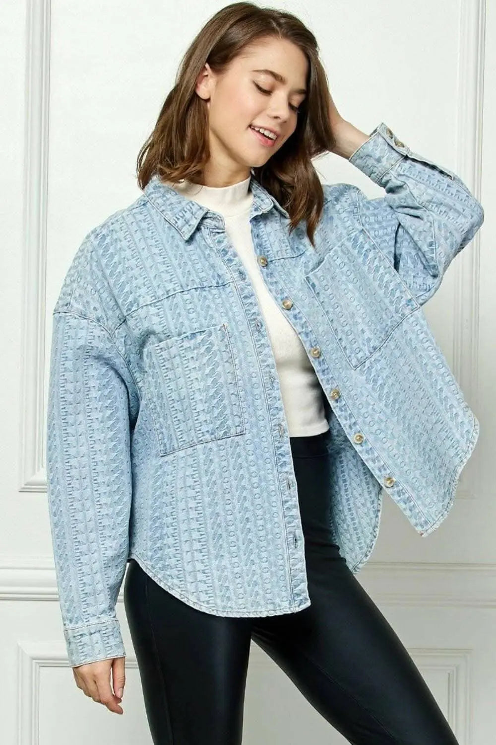 Veveret Denim Dropped Shoulder Button-Up Top with Pocket - Effortlessly Stylish Casual Chic - Love Salve