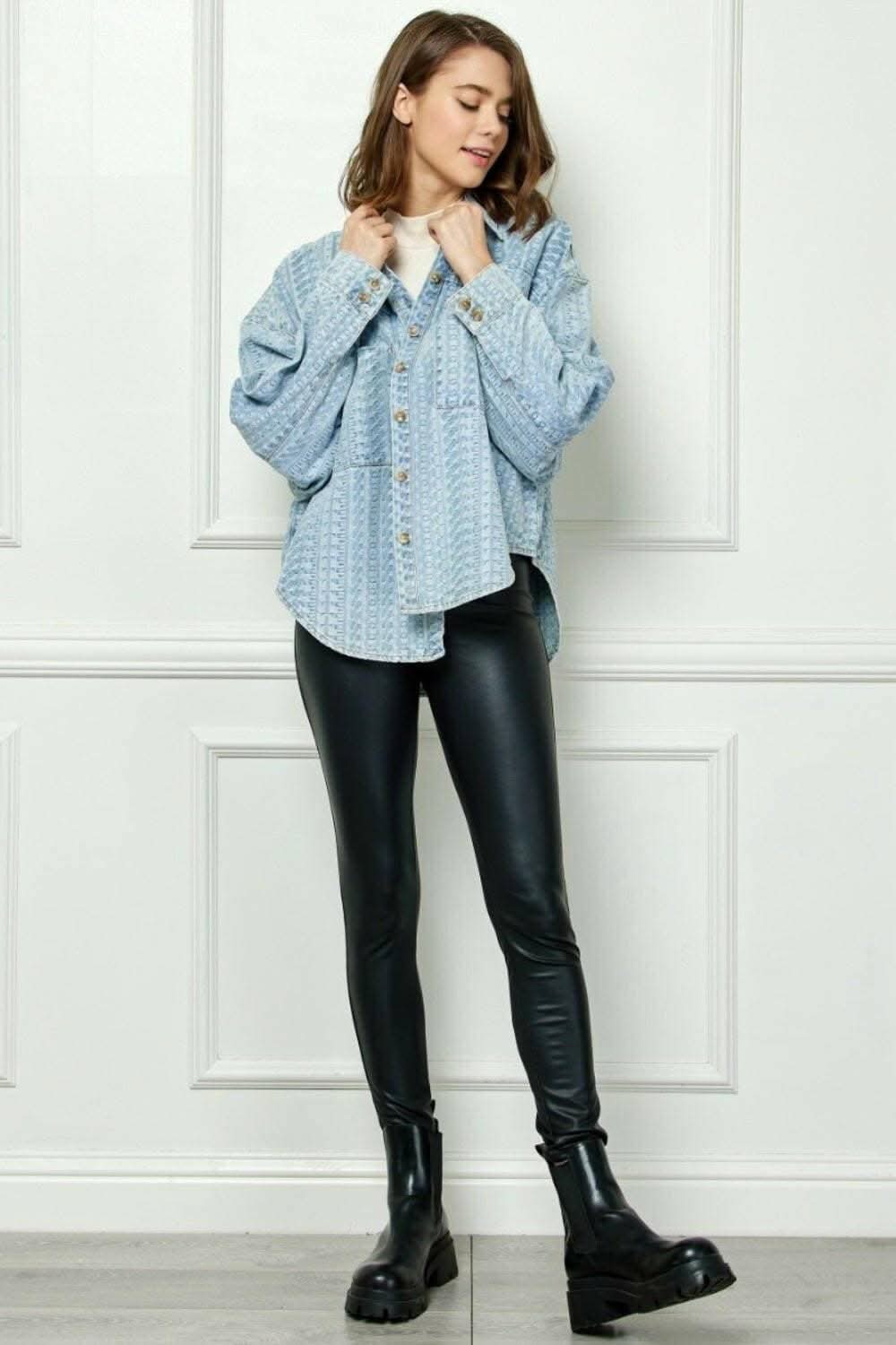 Veveret Denim Dropped Shoulder Button-Up Top with Pocket - Effortlessly Stylish Casual Chic - Love Salve
