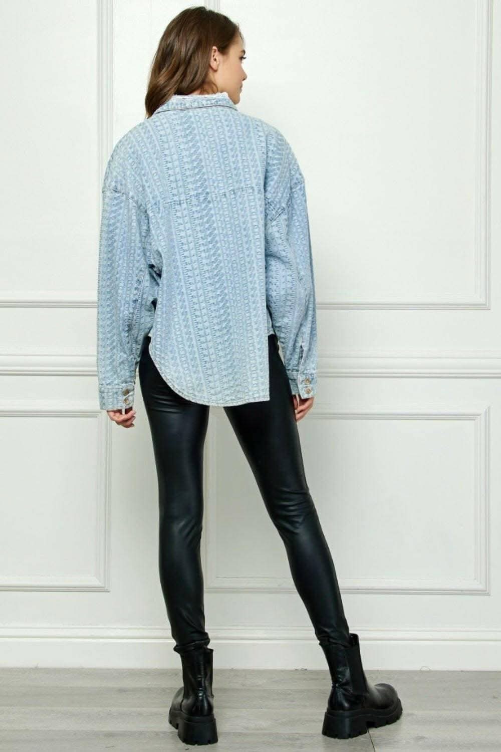 Veveret Denim Dropped Shoulder Button-Up Top with Pocket - Effortlessly Stylish Casual Chic - Love Salve