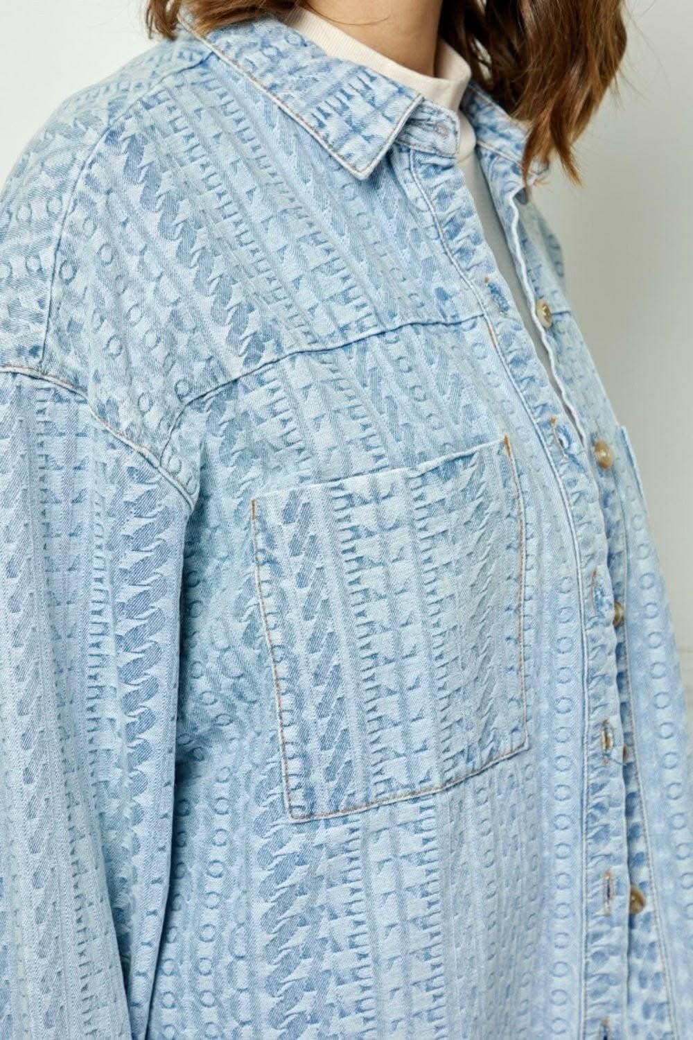 Veveret Denim Dropped Shoulder Button-Up Top with Pocket - Effortlessly Stylish Casual Chic - Love Salve
