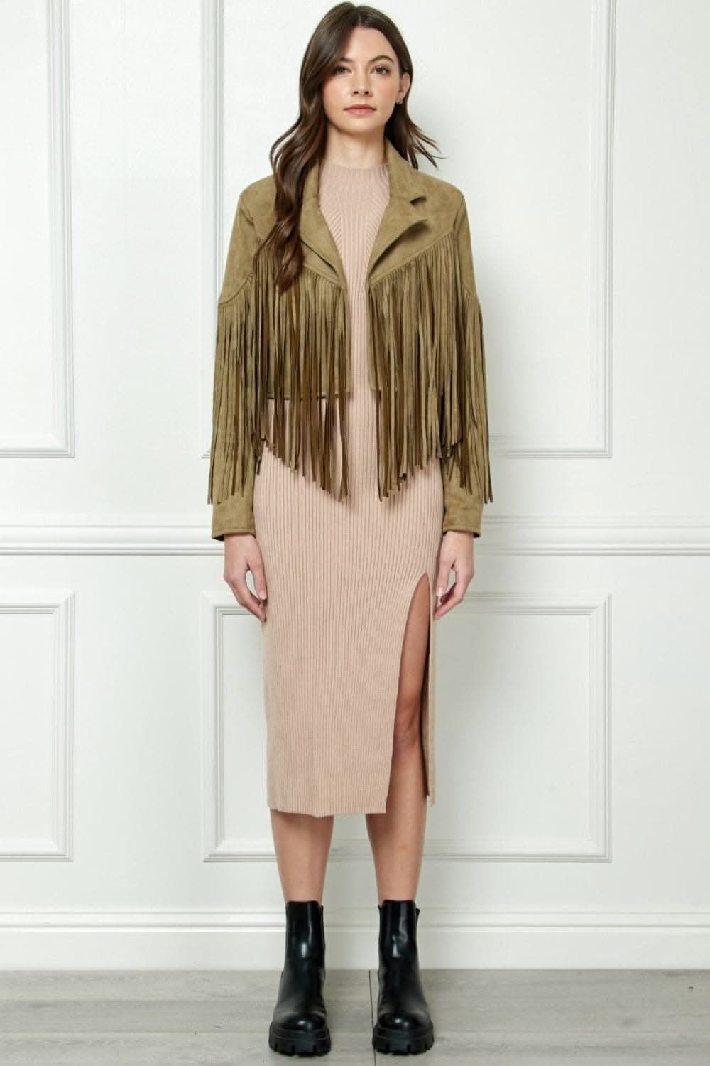 Veveret Suede Fringe Long Sleeve Moto Jacket - Love Salve