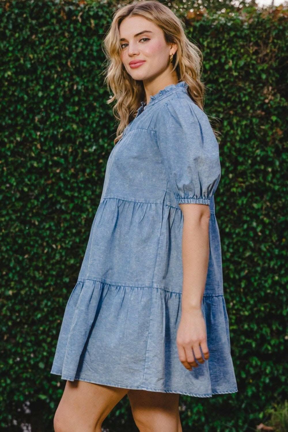 Washed Denim Tiered Mini Dress with Pockets - Love Salve