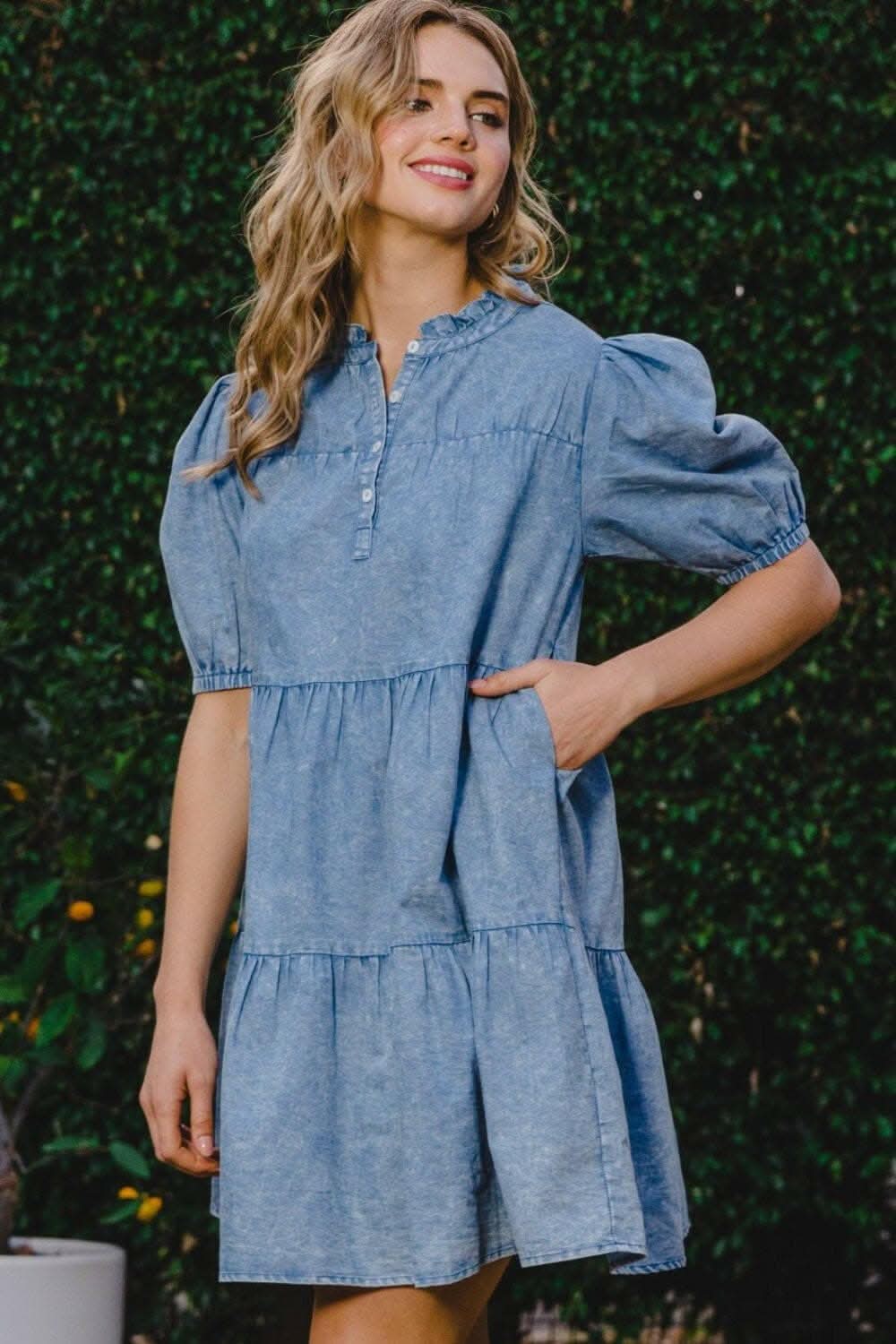 Washed Denim Tiered Mini Dress with Pockets - Love Salve