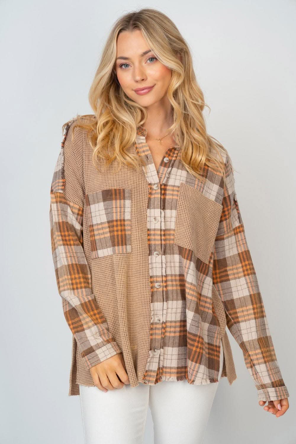 White Birch Full Size Contrast Plaid Button Down Shirt - Love Salve