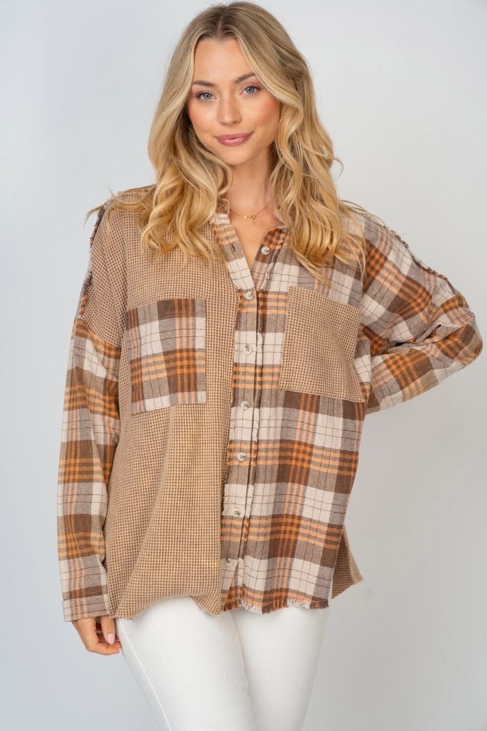 White Birch Full Size Contrast Plaid Button Down Shirt - Love Salve