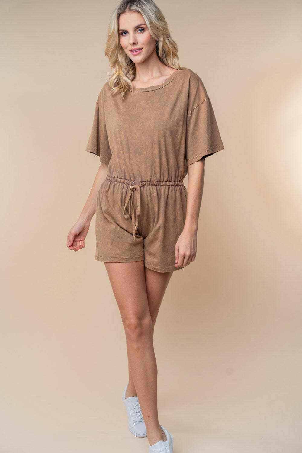 White Birch Full Size Short Sleeve Drawstring Romper - Love Salve