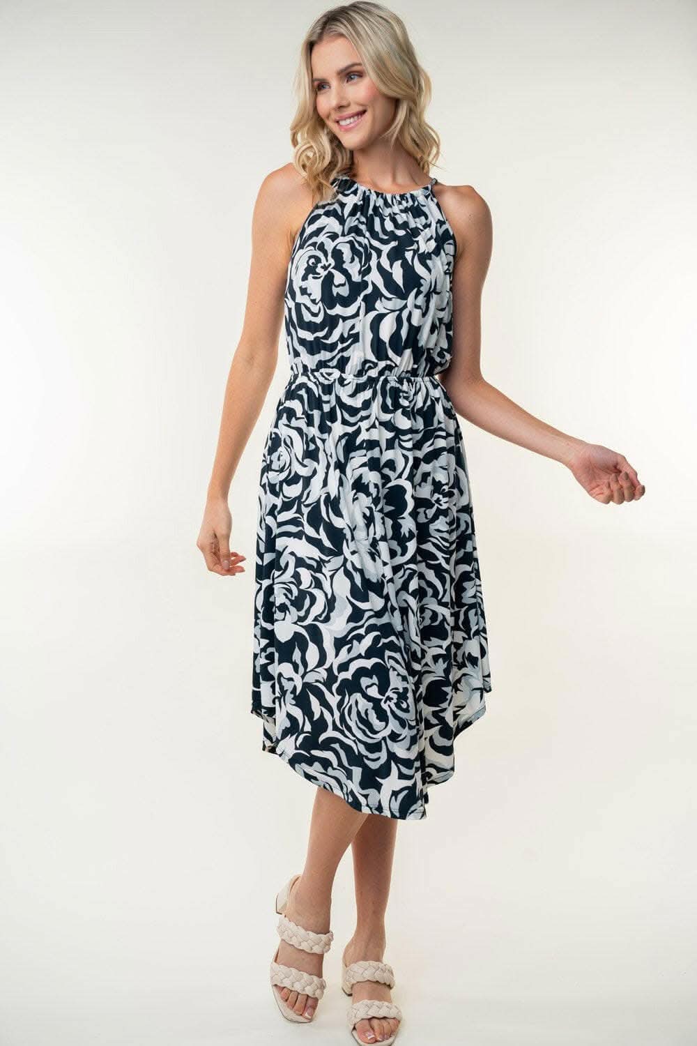 White Birch Tied Ruched Floral Sleeveless Knee Length Dress - Love Salve
