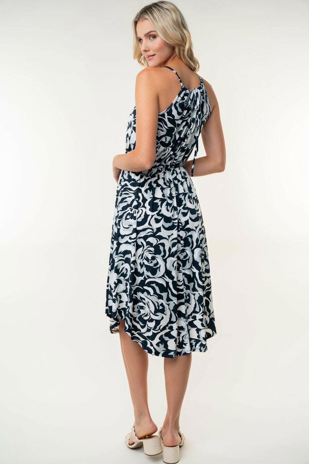 White Birch Tied Ruched Floral Sleeveless Knee Length Dress - Love Salve