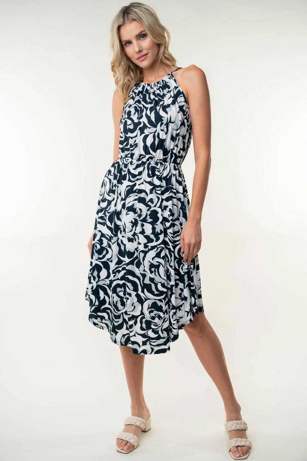 White Birch Tied Ruched Floral Sleeveless Knee Length Dress - Love Salve