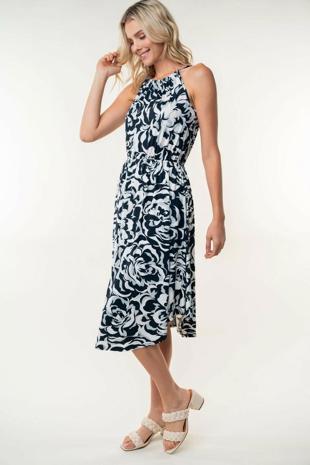 White Birch Tied Ruched Floral Sleeveless Knee Length Dress - Love Salve