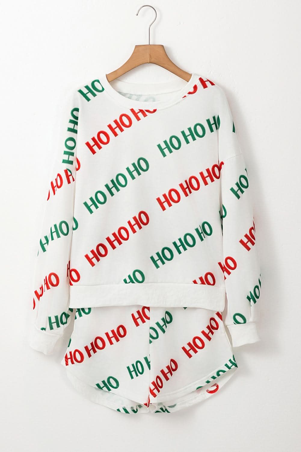 White Christmas HOHOHO Print Drop Shoulder Pullover and Casual Shorts Set - Love Salve