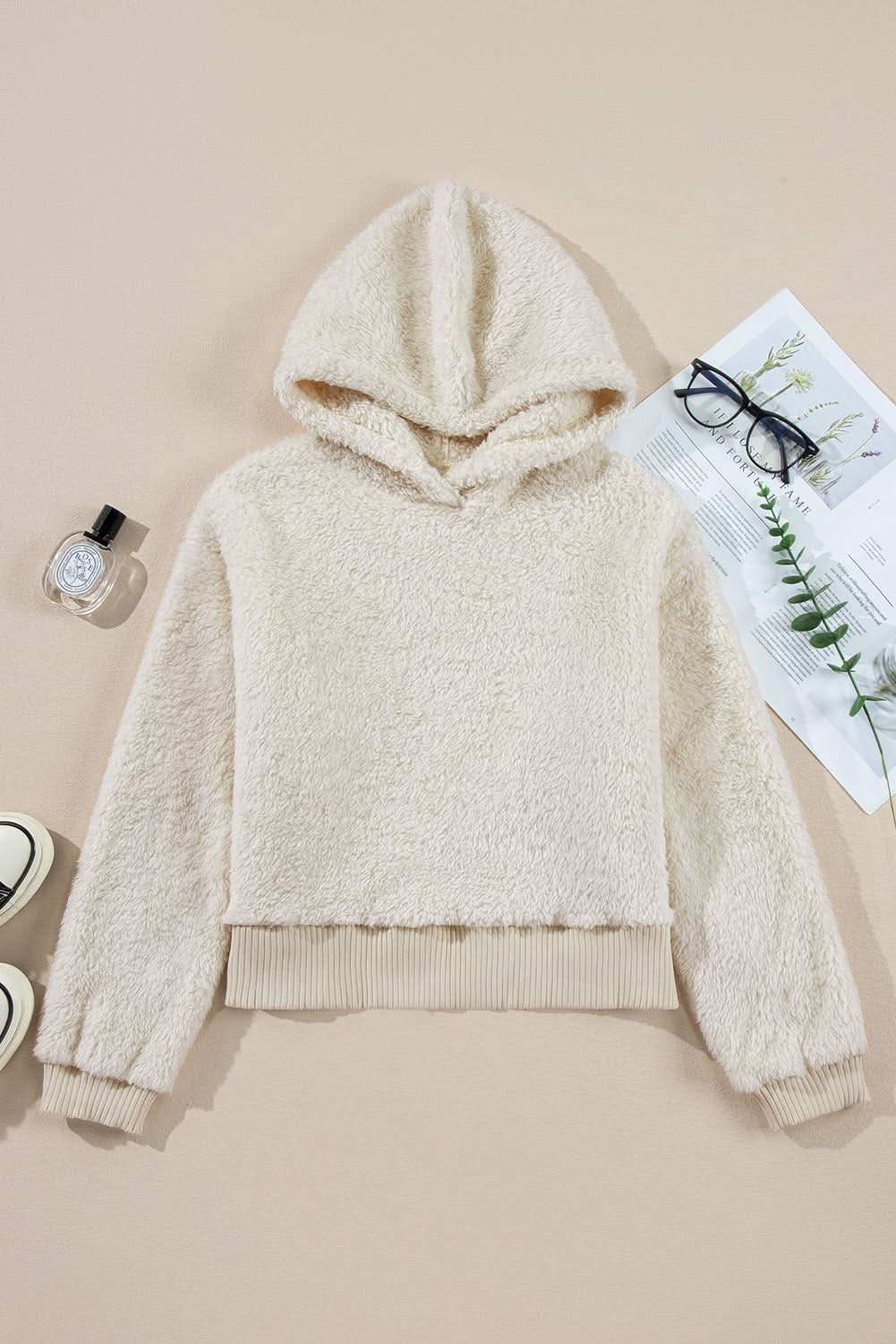 White Contrast Ribbed Edge Plush Hoodie - Love Salve
