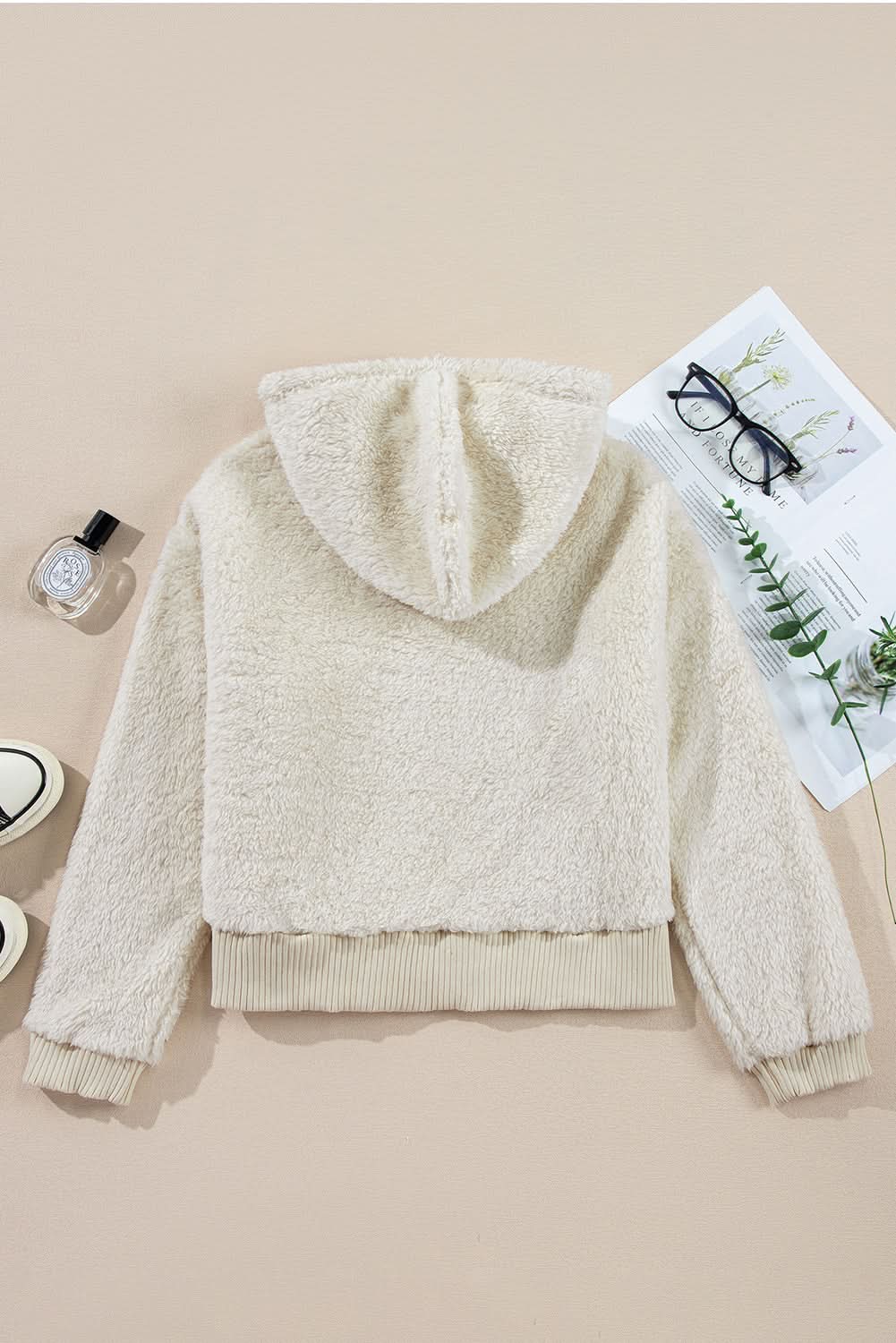 White Contrast Ribbed Edge Plush Hoodie - Love Salve