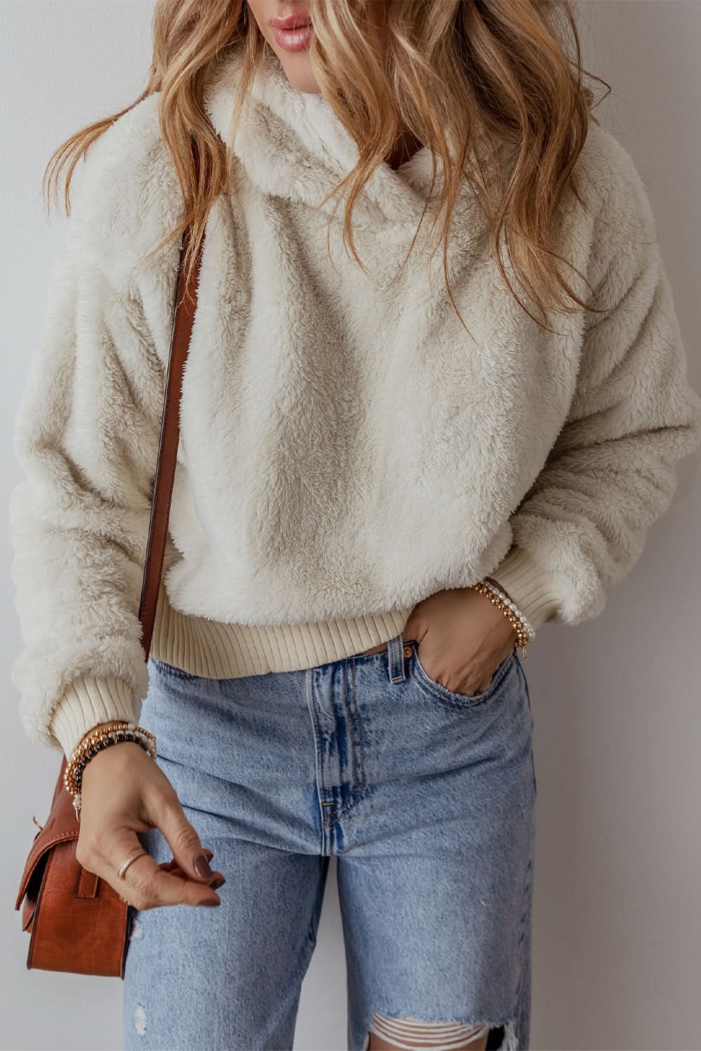 White Contrast Ribbed Edge Plush Hoodie - Love Salve