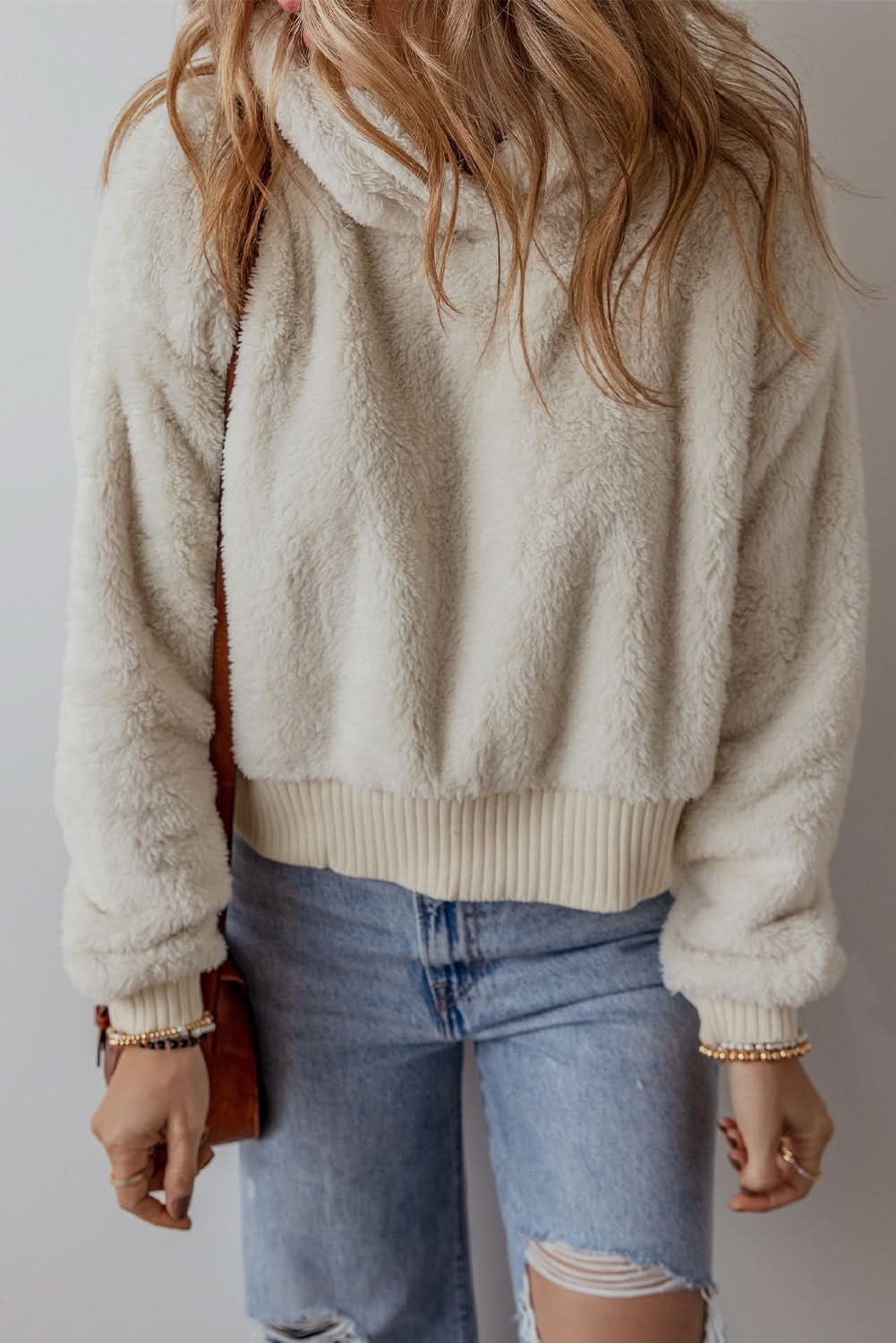 White Contrast Ribbed Edge Plush Hoodie - Love Salve