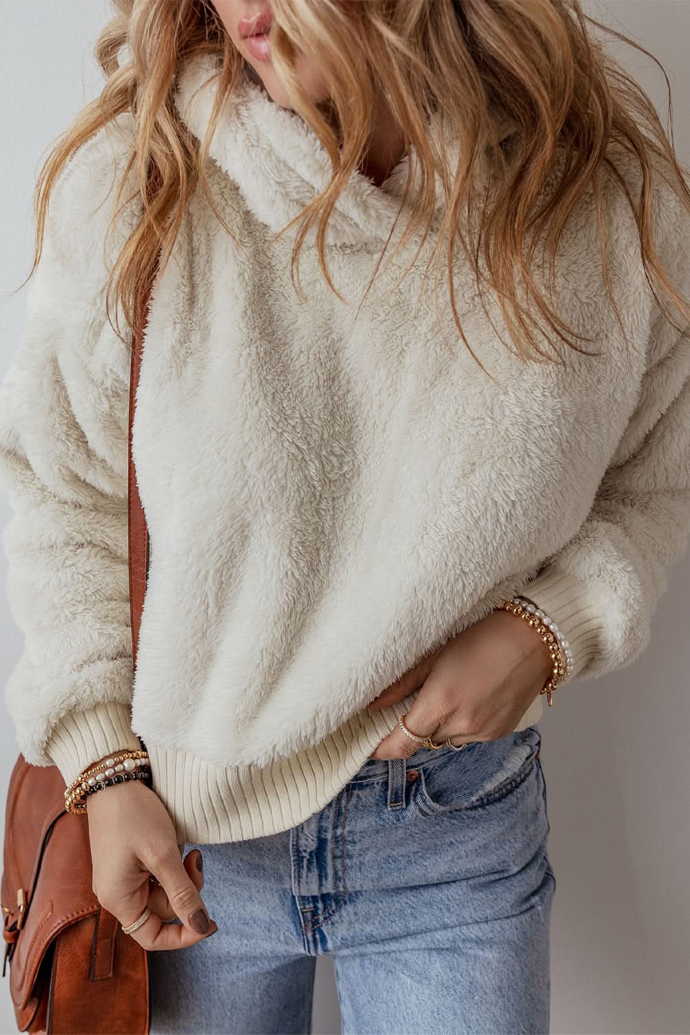 White Contrast Ribbed Edge Plush Hoodie - Love Salve