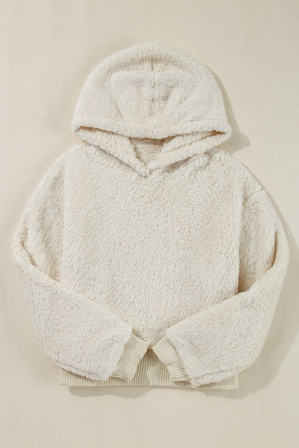 White Contrast Ribbed Edge Plush Hoodie - Love Salve