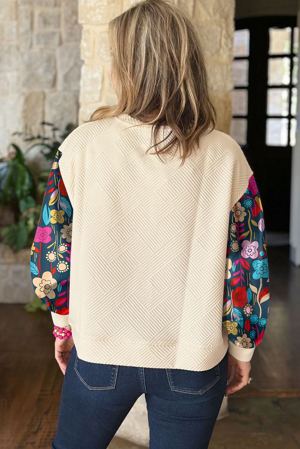 White Floral Patchwork Sleeve Textured Plus Size Pullover Top - Love Salve