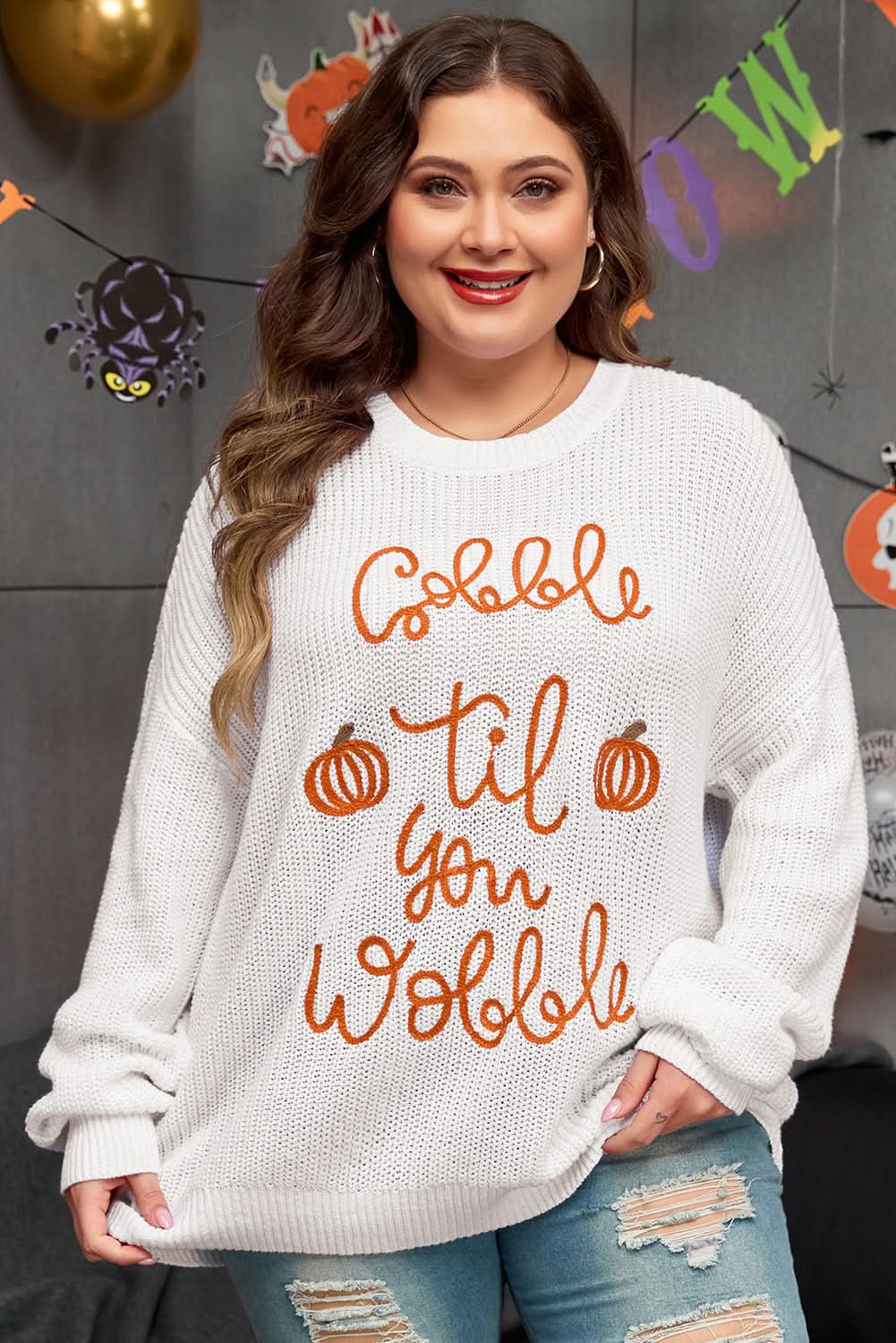 White Gobble Til You Wobble Pop Up Crochet Plus Size Sweater - Love Salve