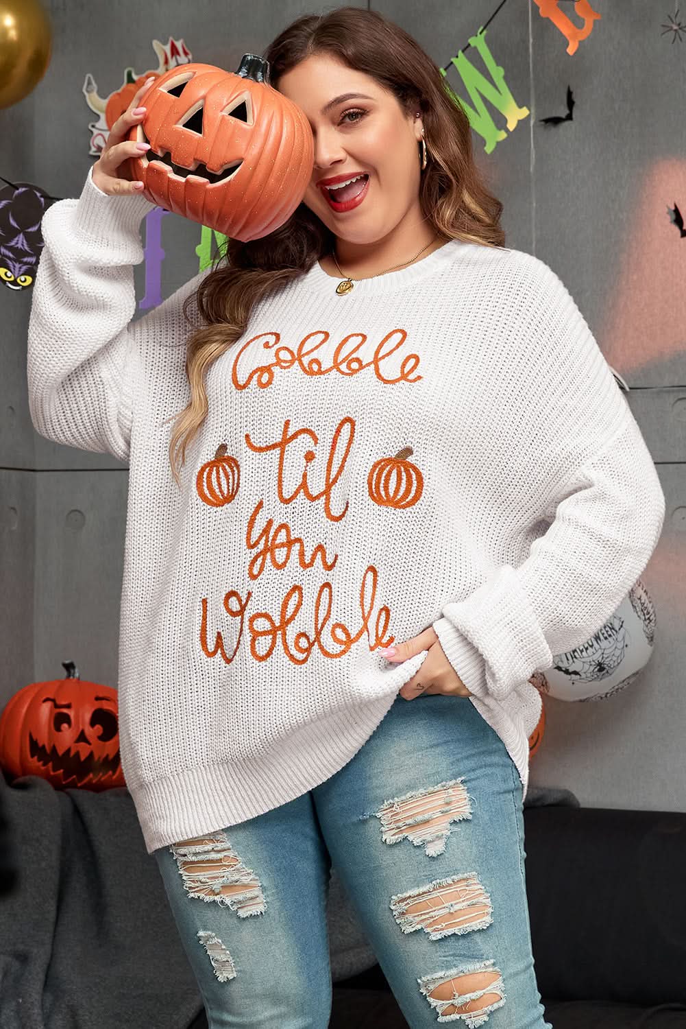 White Gobble Til You Wobble Pop Up Crochet Plus Size Sweater - Love Salve